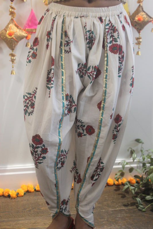White Printed Dhoti, Crop Top and Jacket Set