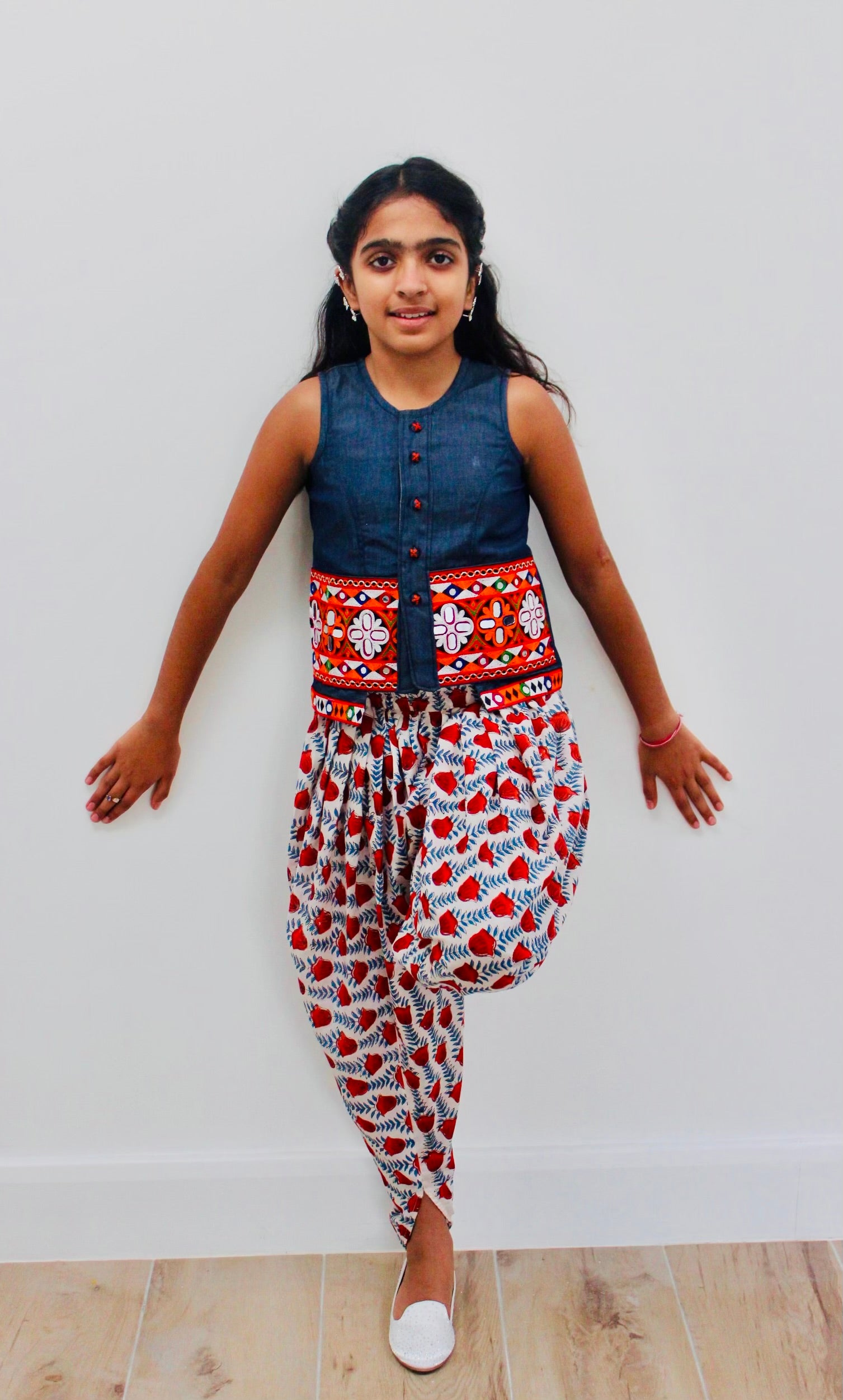 girls Bohemian denim top with dhoti pants