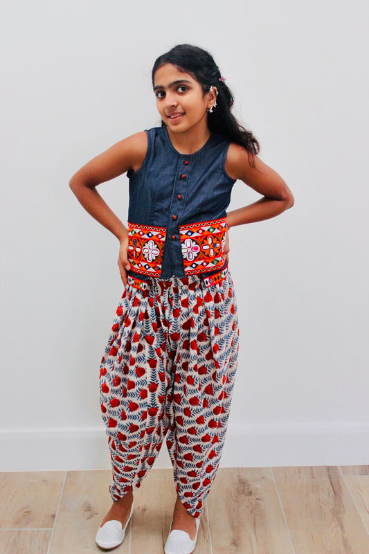 girls Bohemian denim top with dhoti pants