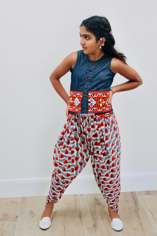 girls Bohemian denim top with dhoti pants