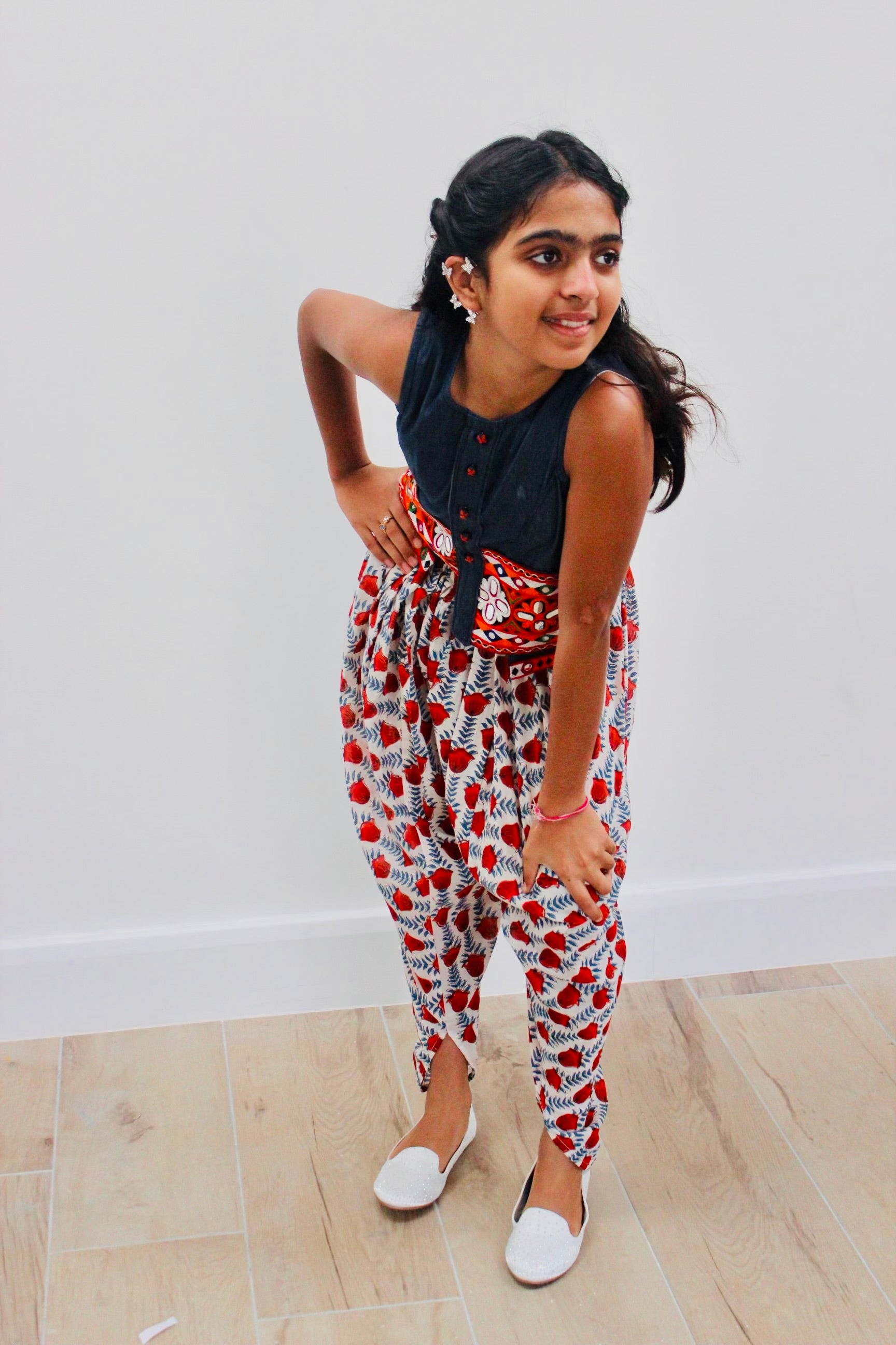 girls Bohemian denim top with dhoti pants