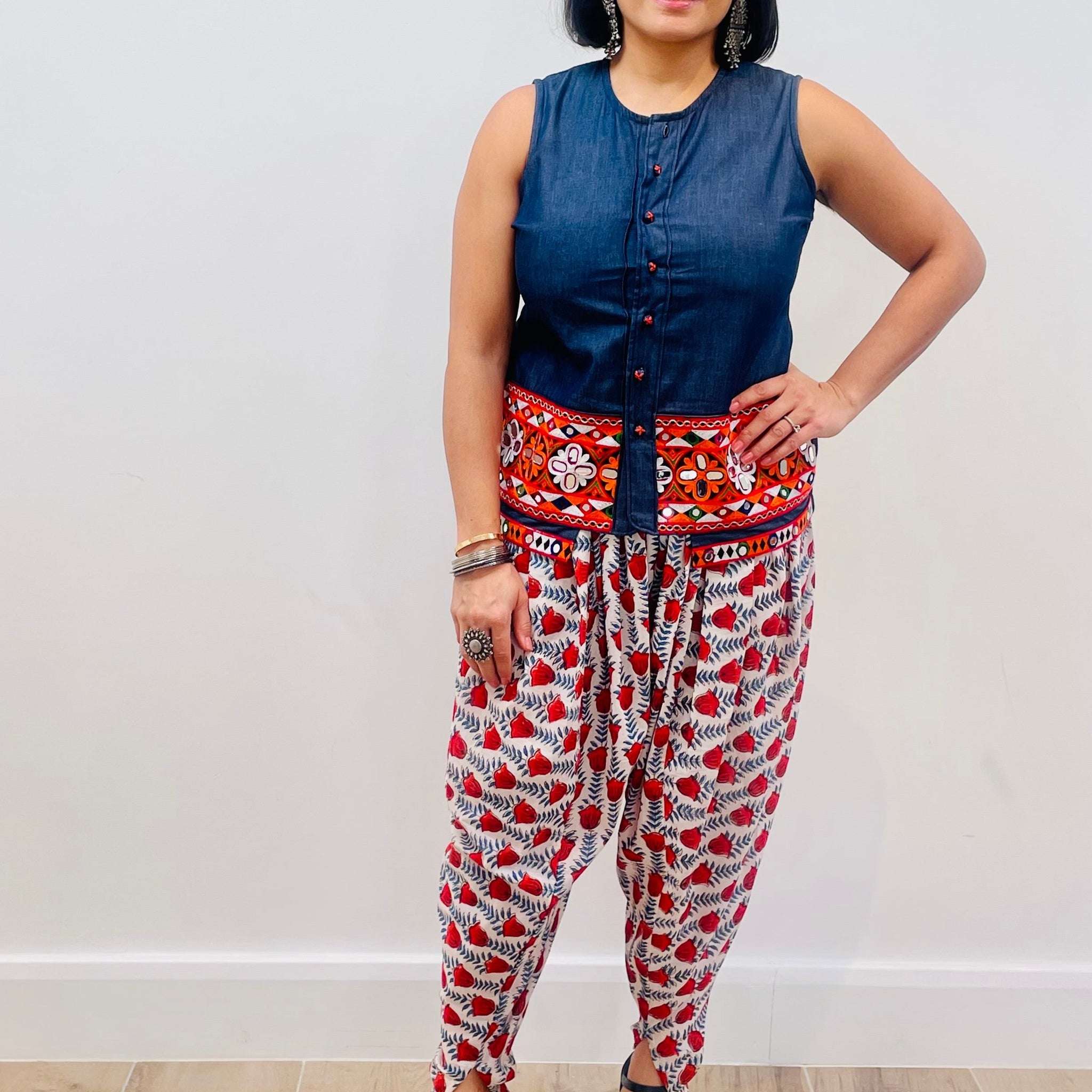 Bohemian denim top with dhoti pants