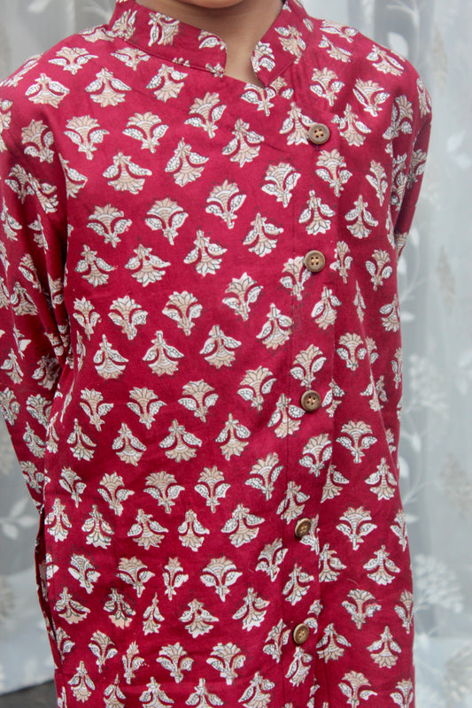 Red Chanderi block printed Angrakha