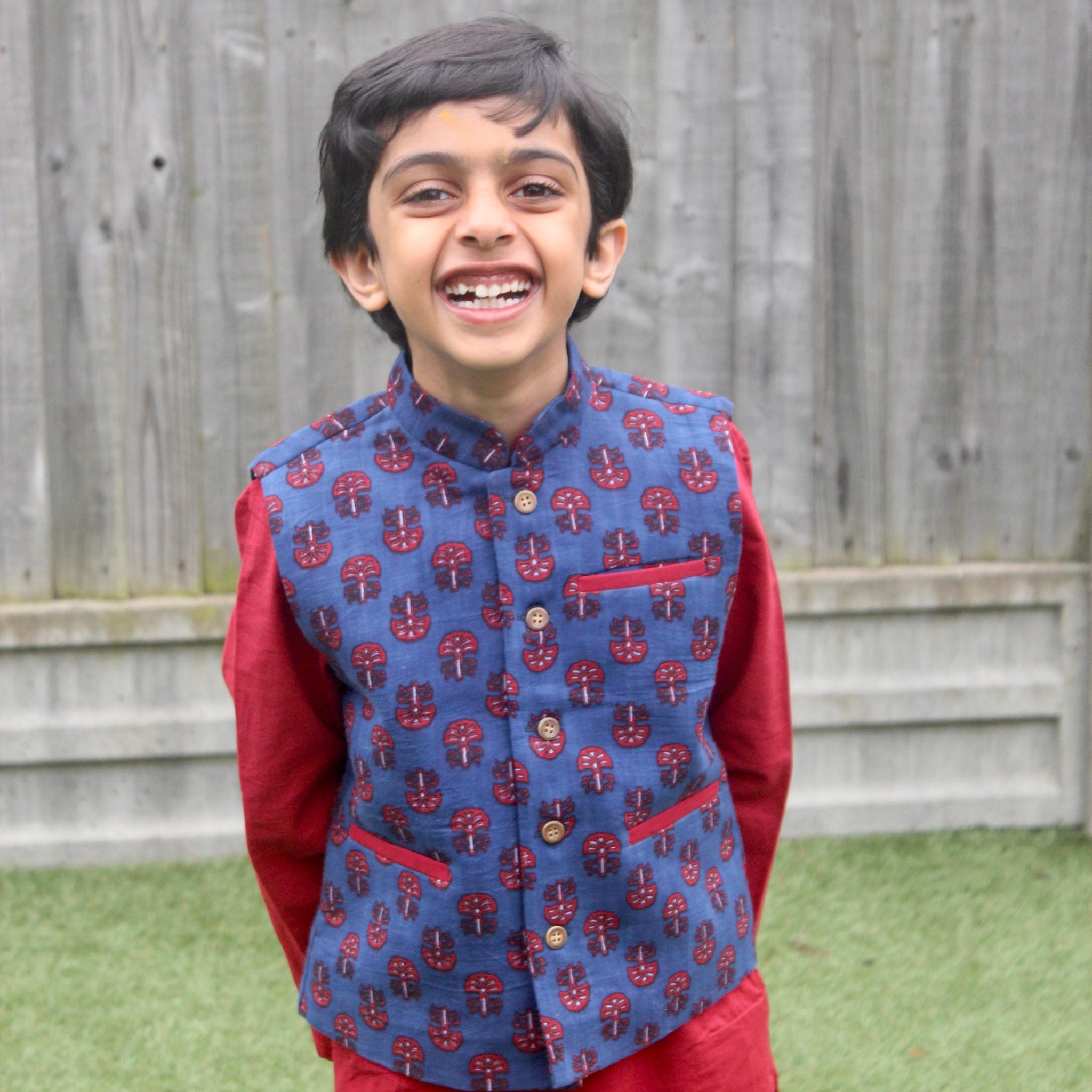 Red Kurta Pyjama with Blue Nehru Jacket