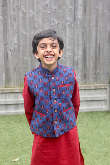 Red Kurta Pyjama with Blue Nehru Jacket