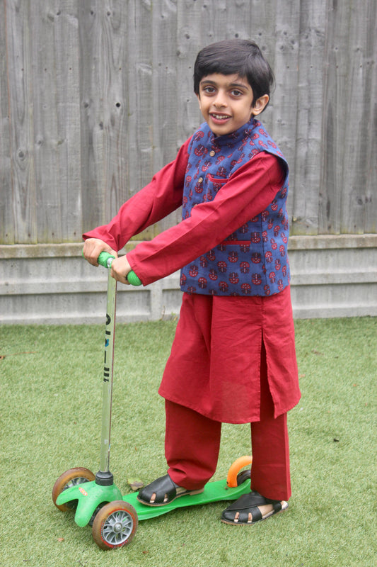 Red Kurta Pyjama with Blue Nehru Jacket