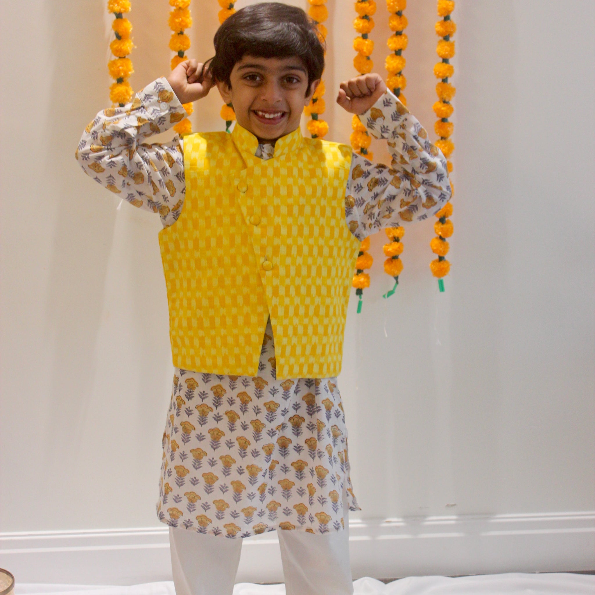 White Block Print Kurta and Pyjama with Yellow Nehru jacket