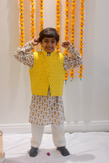 White Block Print Kurta and Pyjama with Yellow Nehru jacket