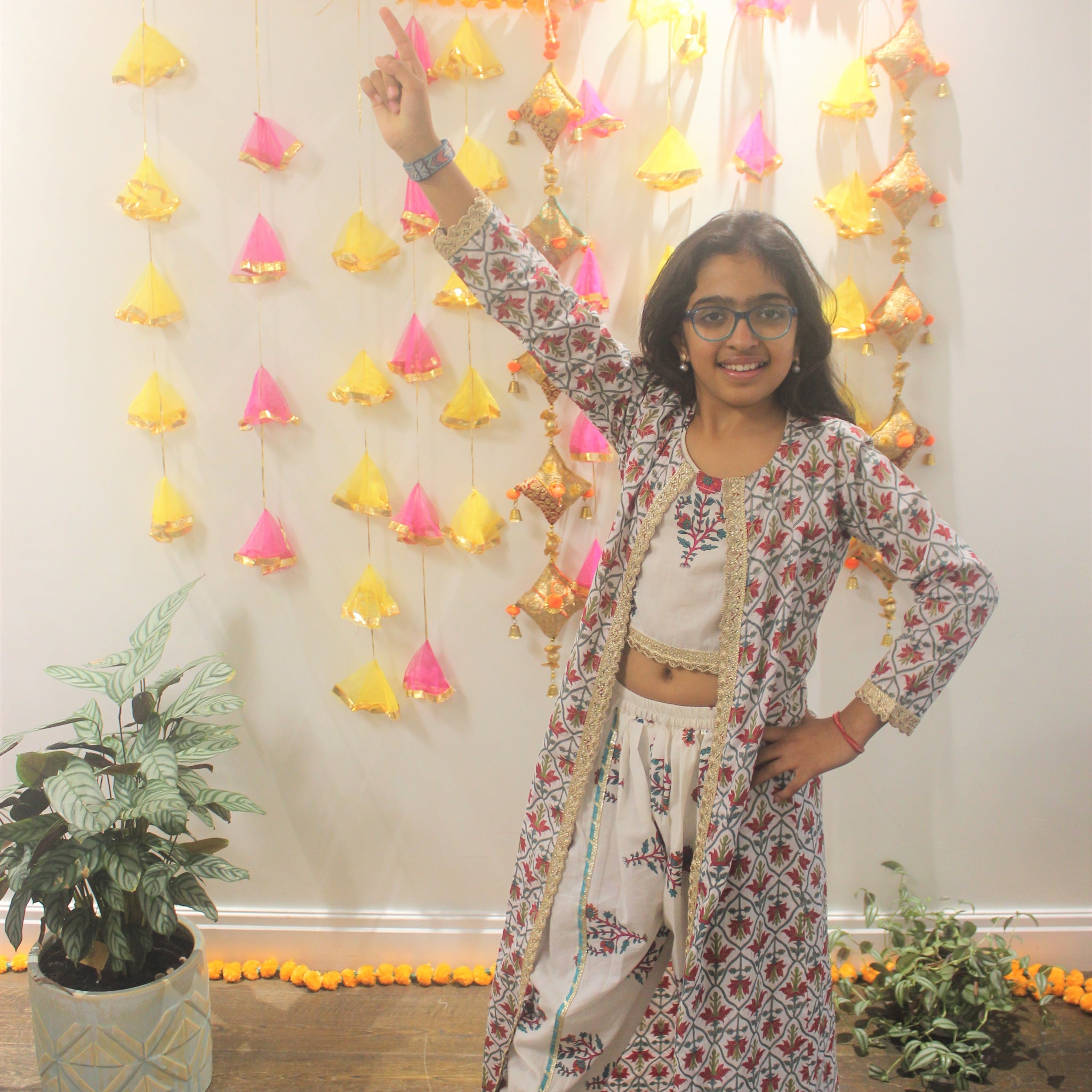 White Printed Dhoti, Crop Top and Jacket Set