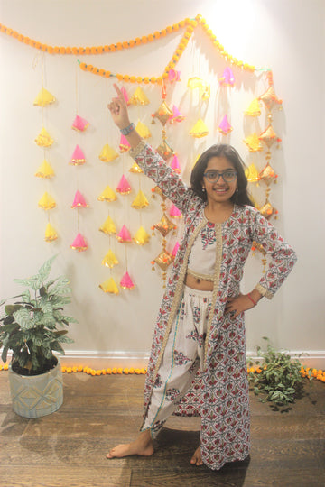 White Printed Dhoti, Crop Top and Jacket Set