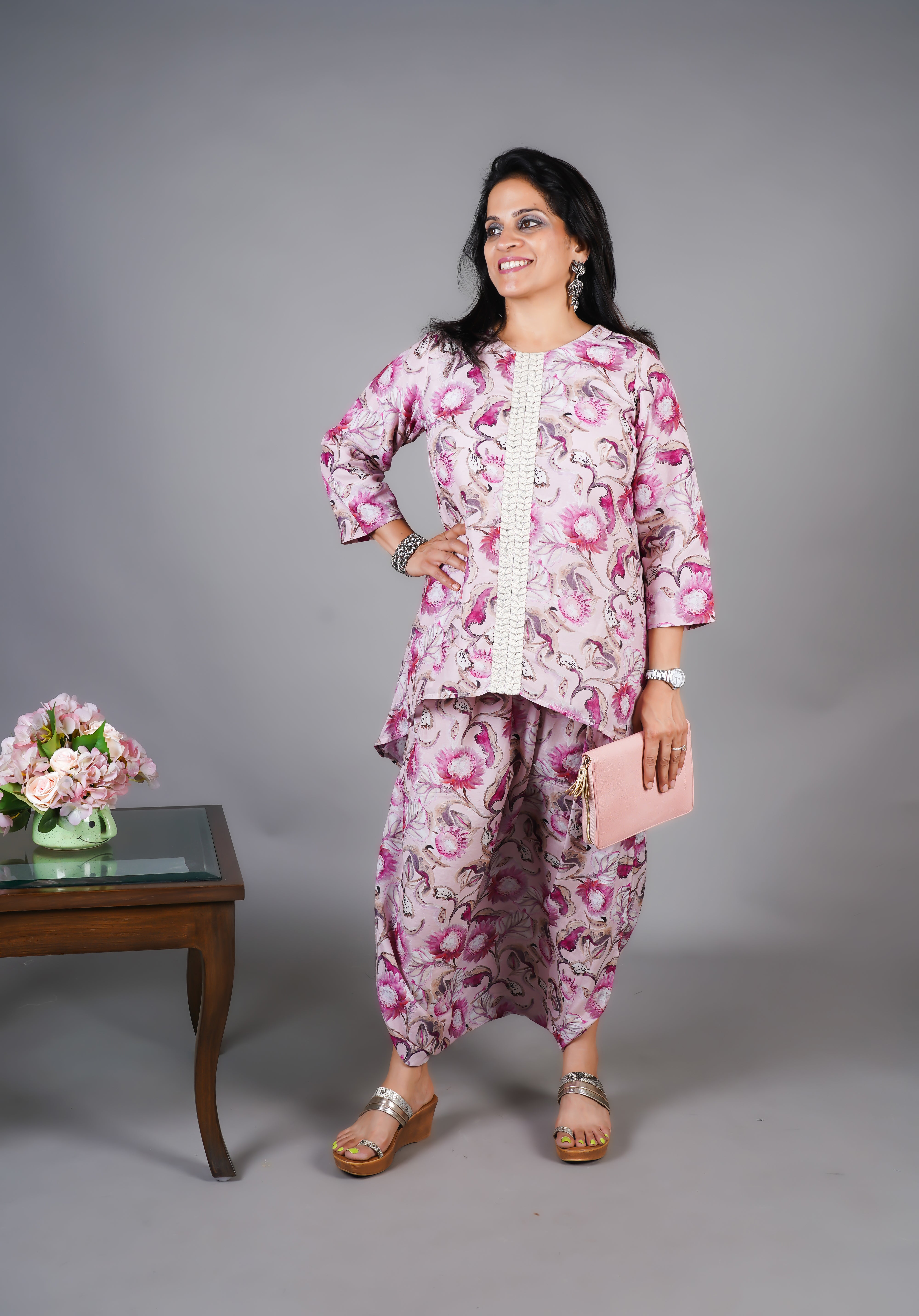 Women Rust Floral Pleated Dhoti Skirt